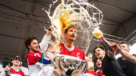 Oslavy zisku titulu hokejových mistrů světa na pražském Staroměstském náměstí v roce 2024.
